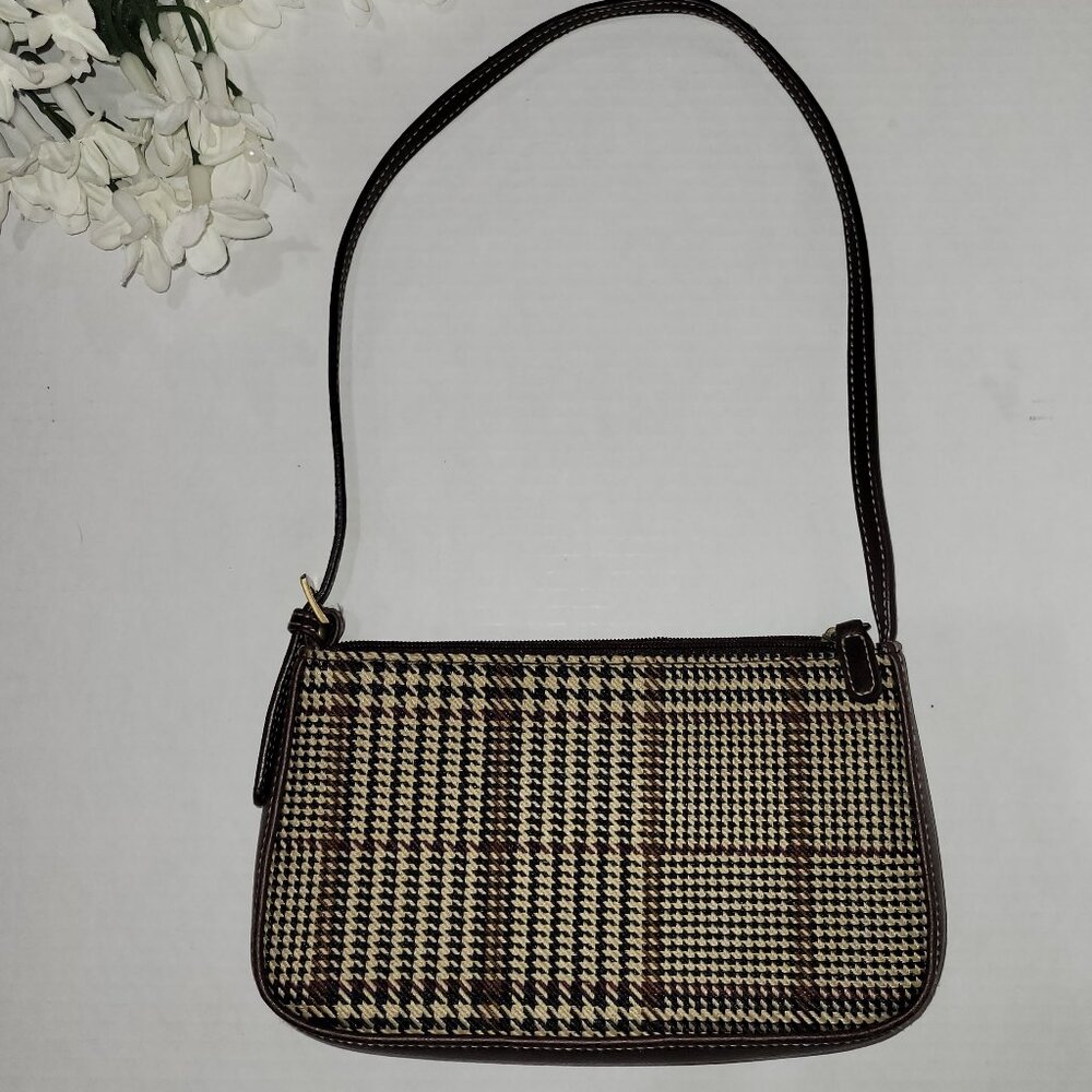 Vintage Liz Claiborne Villager Small Mini Y2K Plaid Print Purse Black Grey